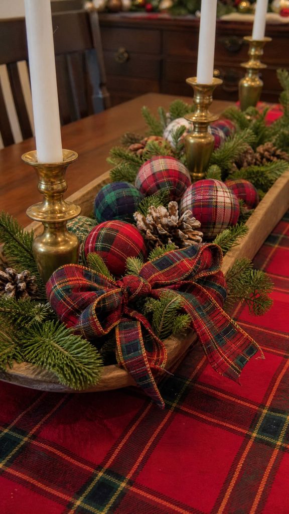Christmas table decorated with tartan fabric, greenery, candles and colorful ornaments