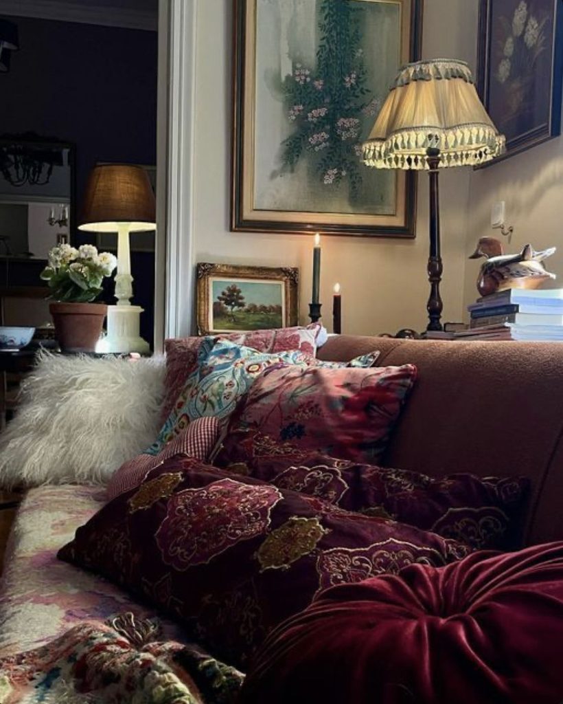 Layered fall textiles in burgundy, brown and cream tones Layered fall textiles in burgundy, brown and cream tones