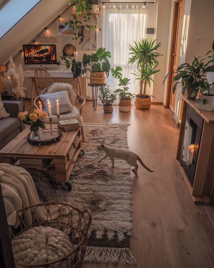 Cozy living room filled with houseplants, candles, books and a white cat