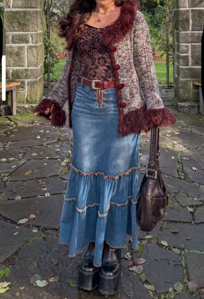 Burgundy trimmed cardigan with lace top and long denim skirt Burgundy fall outfit ideas with lace, lace and romantic autumn layers