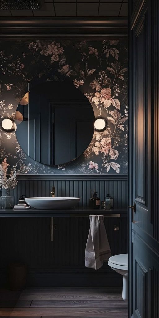 Dark romantic bathroom with floral wallpaper and a large round mirror