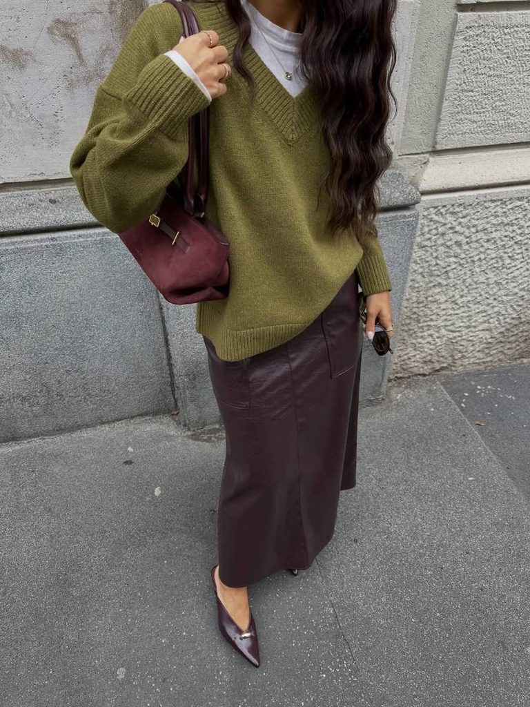Olive green knit with burgundy leather midi skirt and matching bag Olive green knit with burgundy leather midi skirt and matching bag
