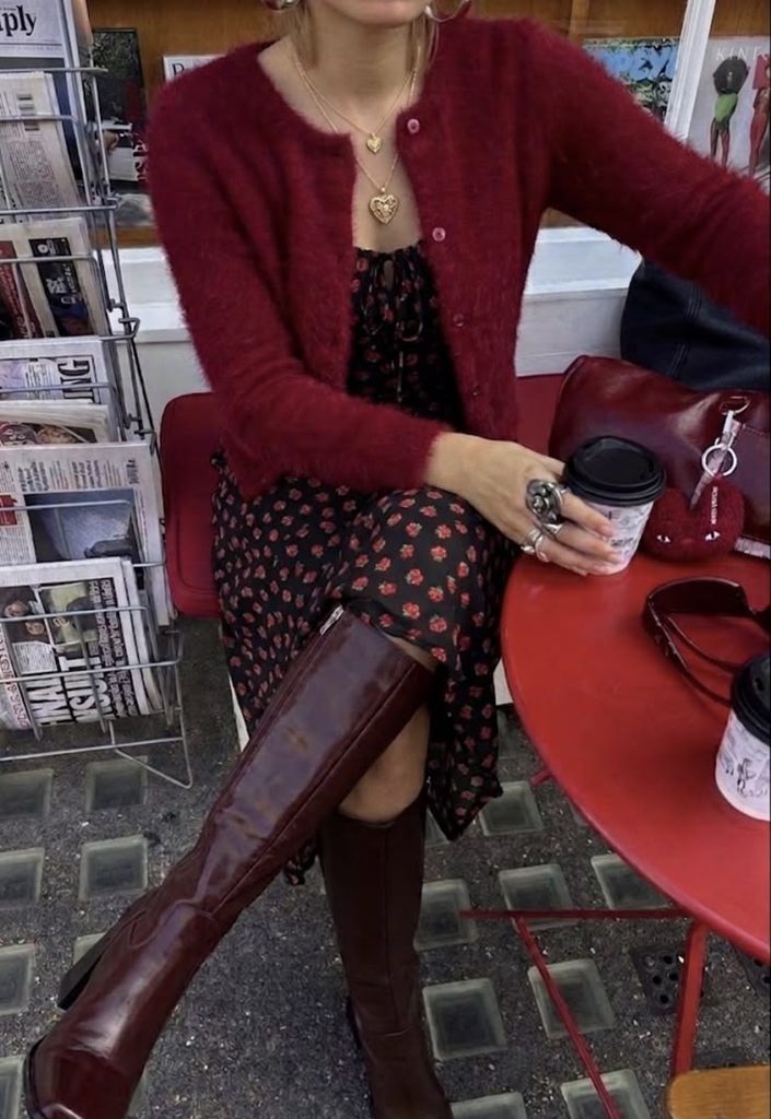 Burgundy cardigan with dark floral dress, tall boots and matching handbag Burgundy cardigan with dark floral dress, tall boots and matching handbag