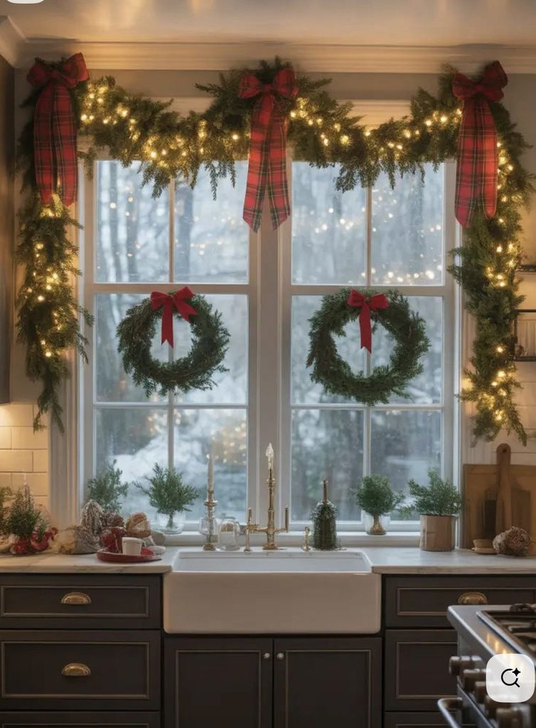Kitchen window decorated with Christmas garland, red bows and simple green wreaths
